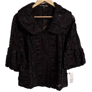 NWT Sexy Black Women M Button Up Lace Ruffle Blouse Cocktail Hour Balloon Sleeve